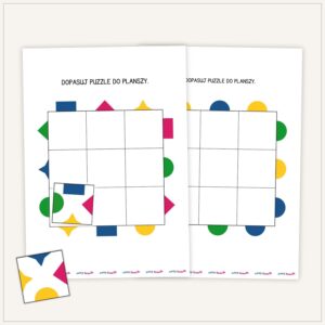 Edukacyjne puzzle logiczne do dopasowywania kształtów i kolorów – dwie wersje planszy PDF