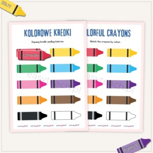 Dwujęzyczne karty do nauki kolorów – plansze z kredkami i elementy do dopasowania.