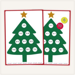 Świąteczna gra matematyczna do druku – plansze z choinką i kolorowe bombki do dopasowania